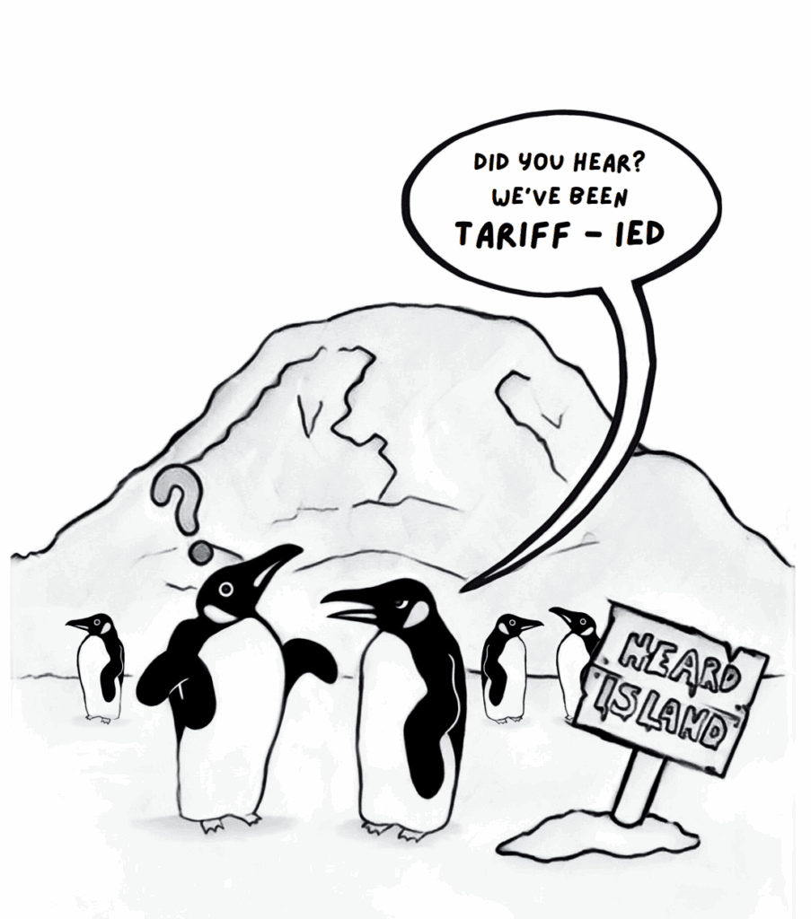 Cartoon about tariffs with penguins on an island